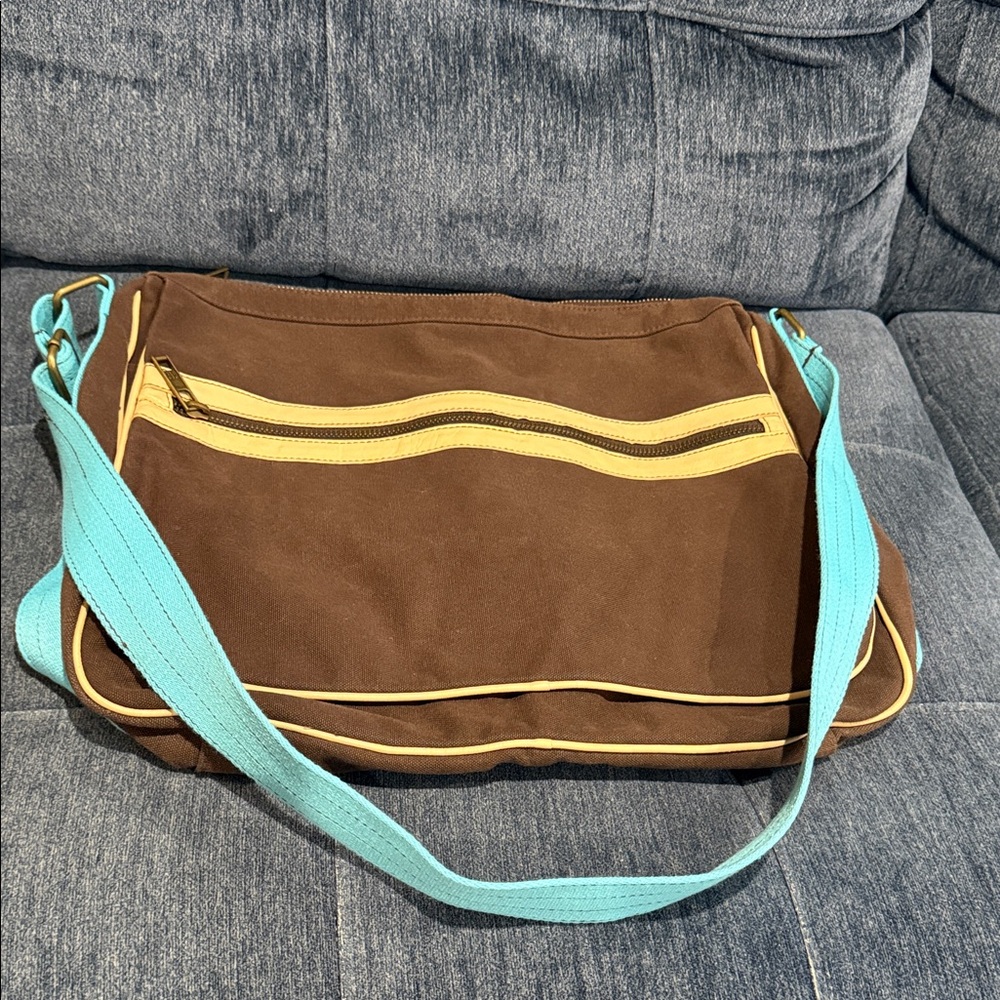 New GAP Brown Messenger Bag with Yellow Accents and Blue Strap